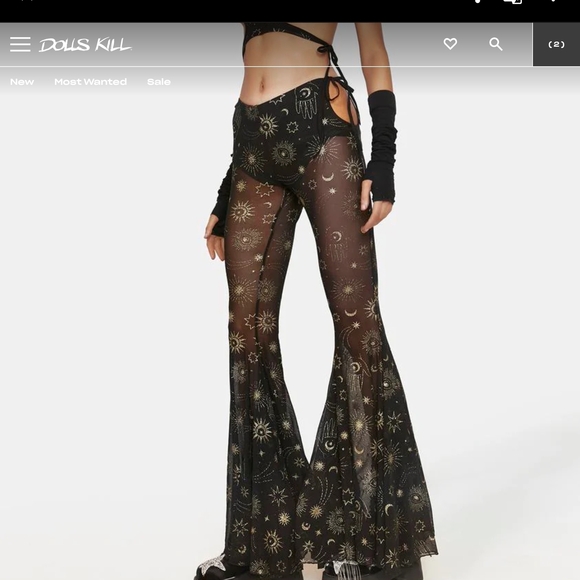 Dolls Kill Black Sheer Flare Pants with Gold Pattern SIZE S NWT - Picture 4 of 5